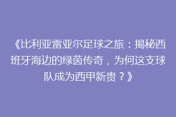 《比利亚雷亚尔足球之旅:揭秘西班牙海边的绿茵传奇,为何这支球队成为西甲新贵?》