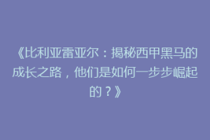 《比利亚雷亚尔：揭秘西甲黑马的成长之路，他们是如何一步步崛起的？》
