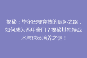 揭秘:毕尔巴鄂竞技的崛起之路,如何成为西甲豪门?揭秘其独特战术与球员培养之谜!