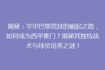 揭秘:毕尔巴鄂竞技的崛起之路,如何成为西甲豪门?揭秘其独特战术与球员培养之谜!