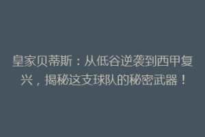皇家贝蒂斯：从低谷逆袭到西甲复兴，揭秘这支球队的秘密武器！