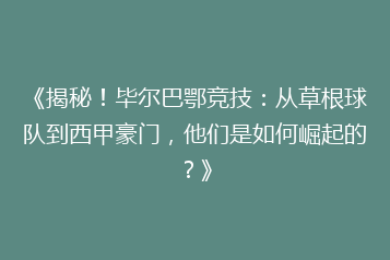 《揭秘!毕尔巴鄂竞技:从草根球队到西甲豪门,他们是如何崛起的?》