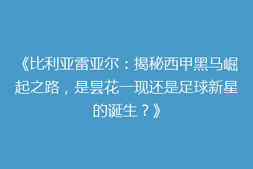 《比利亚雷亚尔:揭秘西甲黑马崛起之路,是昙花一现还是足球新星的诞生?》