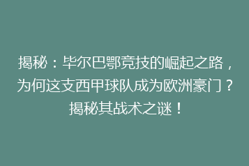 揭秘:毕尔巴鄂竞技的崛起之路,为何这支西甲球队成为欧洲豪门?揭秘其战术之谜!